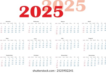 calendário para 2025 sobre fundo branco com números vermelhos
