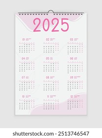 Calendário 2025, Design de Calendário de Parede de Uma Página, Calendário de Página Única, Design de Calendário de 12 meses, Pronto para Impressão, Tamanho A3