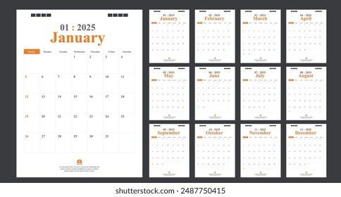 Calendar for 2025 orange background. Corporate design planner template.