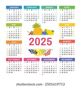 Calendar 2025. Organic healthy food. Color fruits and berries sketch menu. Fresh rowan, apple, lemon, pineapple, currant, blueberry and chokeberry. Colorful design template