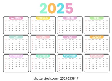 Calendario 2025 Páginas Calendario Mensual Planner Plantillas en estilo minimalista. Páginas de Vector para el calendario minimalista de pared o escritorio con inicio de semana el domingo