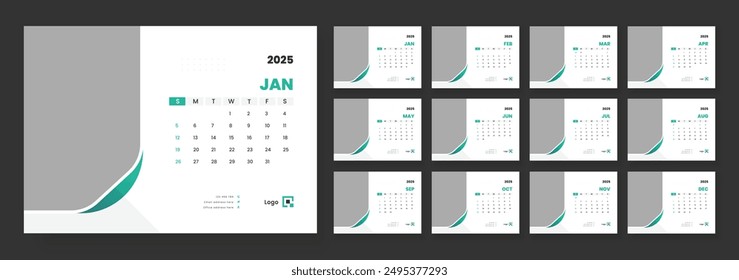 Calendar 2025 planner corporate template design, Template for annual calendar 2025, Office Calendar 2025, Week starts on Sunday.