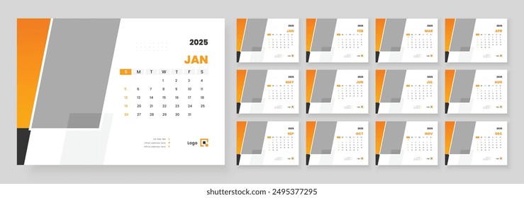 Calendar 2025 planner corporate template design, Template for annual calendar 2025, Office Calendar 2025, Week starts on Sunday.