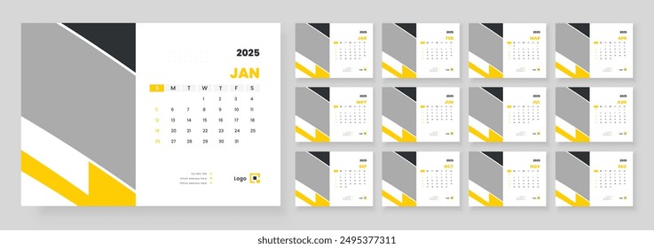Calendar 2025 planner corporate template design, Template for annual calendar 2025, Office Calendar 2025, Week starts on Sunday.
