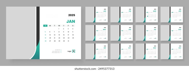 Calendar 2025 planner corporate template design, Template for annual calendar 2025, Office Calendar 2025, Week starts on Sunday.