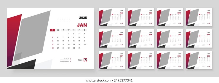 Calendar 2025 planner corporate template design, Template for annual calendar 2025, Office Calendar 2025, Week starts on Sunday.