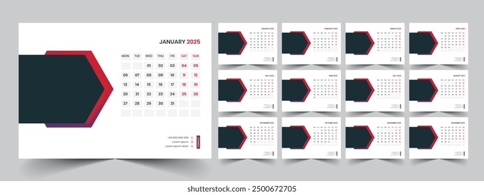 Design-Set für Kalender-2025-Planer-Unternehmensvorlagen. Die Woche beginnt am Montag. Vorlage für den Jahreskalender 2025