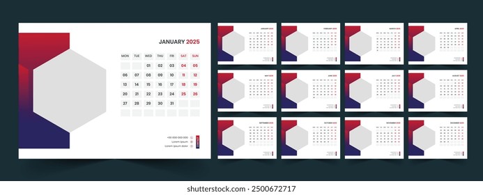 Calendar 2025 planner corporate template design set. Week starts on Monday. template for annual calendar 2025