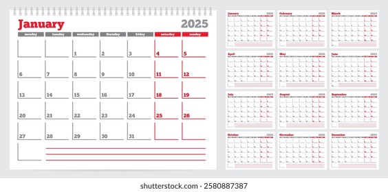 Calendar 2025 planner template. Week start on Monday. Set of 12 months. Vector illustration