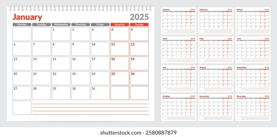 Calendar 2025 planner template. Week start on Monday. Set of 12 months. Vector illustration