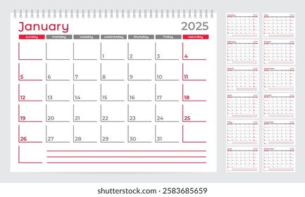 Calendar 2025 planner template. Week start on Sunday. Set of 12 months. Vector illustration