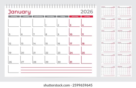 Calendar 2025 planner template. Week start on Monday. Set of 12 months. Vector illustration