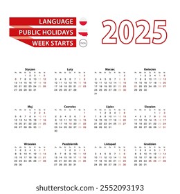 Calendario 2025 en idioma polaco con días festivos en el país de Polonia en el año 2025. La semana comienza el lunes. Ilustración vectorial.