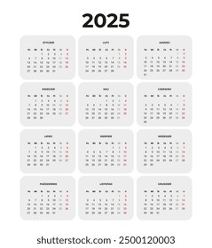 Kalender 2025 in polnischer Sprache. Vektorgrafik-Schablone für den Unternehmens-Wand- oder Schreibtischkalender in hellen Farben