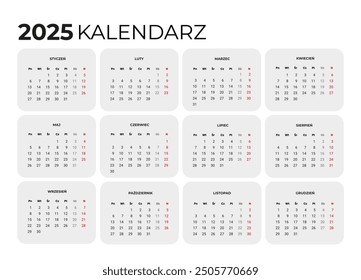 Kalender 2025 in polnischer Sprache. Vektorgrafik-Schablone für den Unternehmens-Wand- oder Schreibtischkalender in hellen Farben