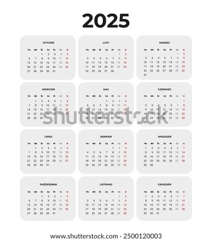 Calendar 2025 in Polish language. Vector template of corporate wall or desk calendar in bright colors