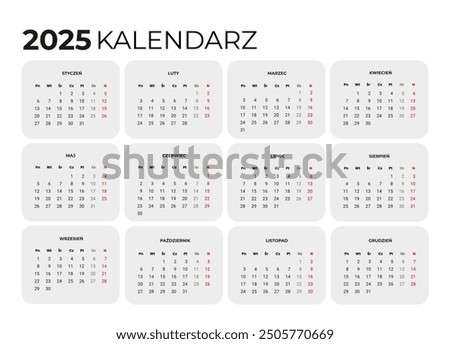 Calendar 2025 in Polish language. Vector template of corporate wall or desk calendar in bright colors