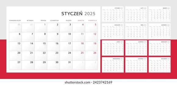 Calendar 2025 in Polish language. Wall calendar for 2024 in classic minimalist style. Week starts on Monday. Set of 12 months. Corporate Planner Template. A4 format horizontal. Vector illustration