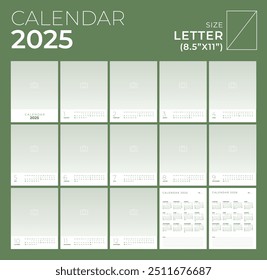 Calendario 2025, Retrato, Diseño minimalista, Foto, Inicio de semana Domingo por la Plantilla.