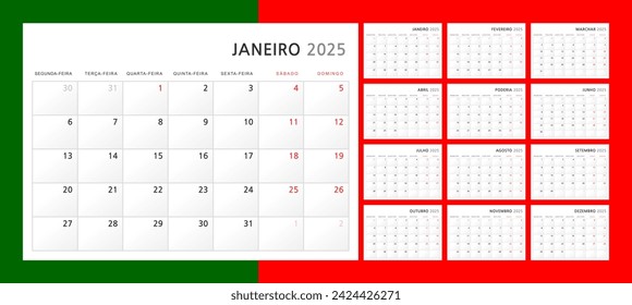 Kalender 2025 auf Portugiesisch. Vierteljährlicher Wall-Kalender für 2025 im klassischen minimalistischen Stil. Die Woche beginnt am Montag. Satz von 12 Monaten. Vorlage planen. A4-Format horizontal. Vektorgrafik