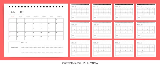 Calendario 2025, imprimible Calendario de 12 meses Año de Plantilla 2025 con inicio de domingo: diseño minimalista de Vector editable. 