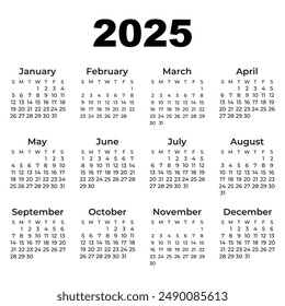 Calendar for 2025. Quarter calendar template for 2025 year. Wall calendar grid in a minimalist style. Week Starts on Monday. Calendar 2025 corporate design planner template. Stationery Design. 