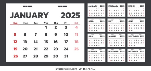 Calendar for 2025 red background, Corporate design planner template.
