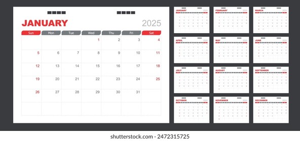 Calendario para el fondo rojo 2025, Plantilla de planificador de diseño Corporativa.