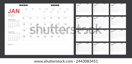 Calendar for 2025 red background, Corporate design planner template.