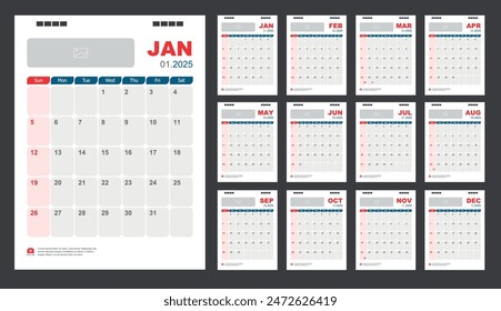 Calendar for 2025 red and blue background. Corporate design planner template.