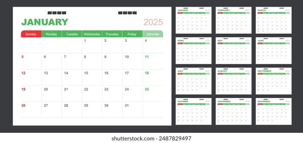 Calendar for 2025 red and green background, Corporate design planner template.