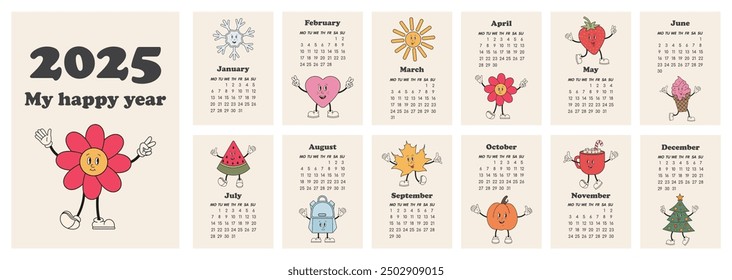 Calendar 2025 in retro groovy style. Modern monthly calendar 2025 template with cute groovy characters. Set of 12 Month. Starts on Monday. Trendy calendar for office, organizer, wall, table.
