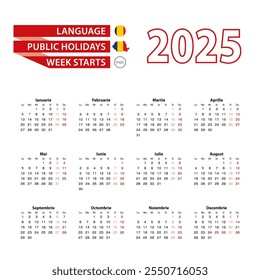 Calendário de 2025 em língua romena com feriados no país da Romênia no ano de 2025. A semana começa na segunda. Ilustração de vetor.