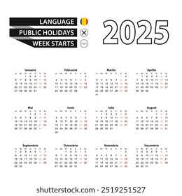 Calendar 2025 in Romanian language, week starts on Monday. Vector calendar 2025 year.