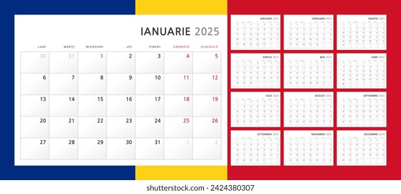 Calendar 2025 in Romanian. Wall quarterly calendar for 2025 in classic minimalist style. Week starts on Monday. Set of 12 months. Corporate Schedule Template. A4 format horizontal. Vector illustration