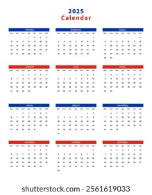 Calendar 2025 in Russian Template Design. Vector Illustration