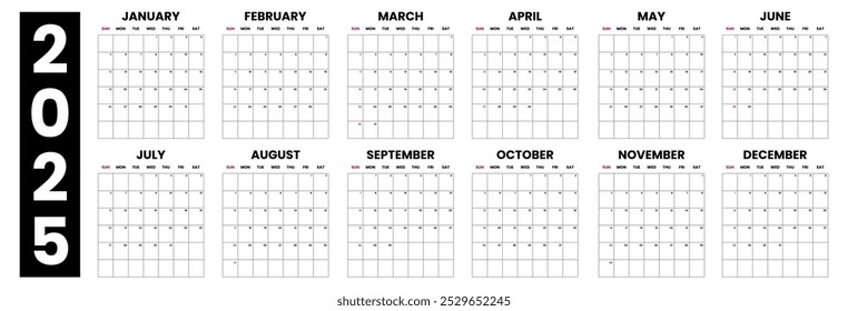 Calendar 2025 Set Simple Plan Layout. Planner diary in minimalist style. Corporate and business calendar. 2025 calendar in minimal style