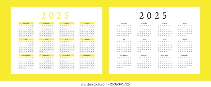 Calendar 2025, Calendar Set for 2025 year, Minimalist clean square layout, Calendar 2025 week start Sunday