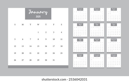 Calendar 2025, Calendar Set for 2025 year, Minimalist clean square layout, Calendar 2025 week start Sunday, desk calendar 2025