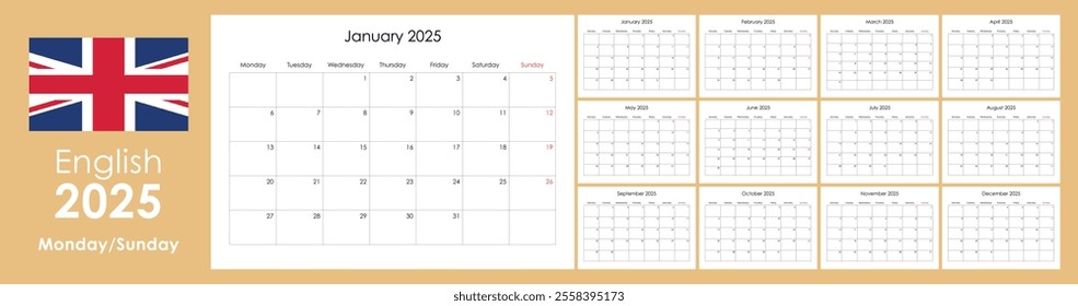 Calendar 2025, simple annual planner, 12 boards cards, copy space for notes
