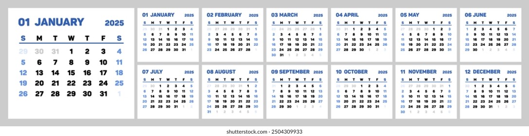 Calendar 2025 - Simple Layout Illustration. Week starts on Sunday. Calendar Set for 2025 year. Planner diary in minimalist style. Corporate and business calendar. 2025 calendar in minimal style