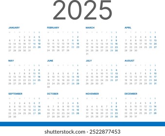 Calendario 2025 - Ilustración de diseño simple. La semana comienza el lunes. Calendario Fijado para el año 2025. Diario planificador en estilo minimalista. Corporativa y de negocios. Diseño de calendario 2025, conjunto de 12 meses.