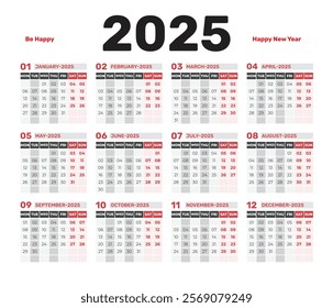 Calendar 2025 - Simple Layout Illustration. Week starts on Sunday. Calendar Set for 2025 year. Planner diary in minimalist style. Corporate and business calendar. 2025 calendar in minimal style