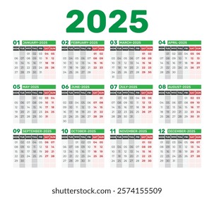 Calendar 2025 - Simple Layout Illustration. Week starts on Sunday. Calendar Set for 2025 year. Planner diary in minimalist style. Corporate and business calendar. 2025 calendar in minimal style