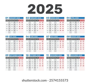 Calendar 2025 - Simple Layout Illustration. Week starts on Sunday. Calendar Set for 2025 year.Corporate and business calendar. 2025 calendar in minimal style Planner diary in minimalist style. 