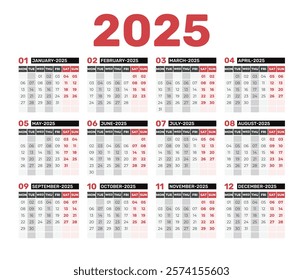 Calendar 2025 - Simple Layout Illustration. Week starts on Sunday. Corporate and business calendar. 2025 calendar in minimal style Planner diary in minimalist style. Calendar Set for 2025 year. 