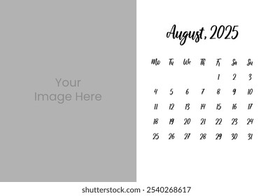 Calendar 2025 with Simple calendar layout and Image, August Calendar design 2025