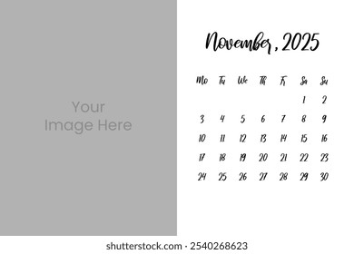 Kalender 2025 mit einfachem Kalenderlayout und Bild, November Kalenderdesign 2025