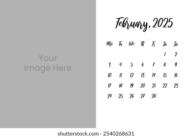 Calendar 2025 with Simple calendar layout and Image, February Calendar design 2025