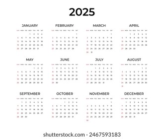 Calendar 2025 simple minimal design. Week starts on Sunday. Planner design template, desk calendar 2025 year, wall calendar 2025, print media, advertisement, printing, stationery, office